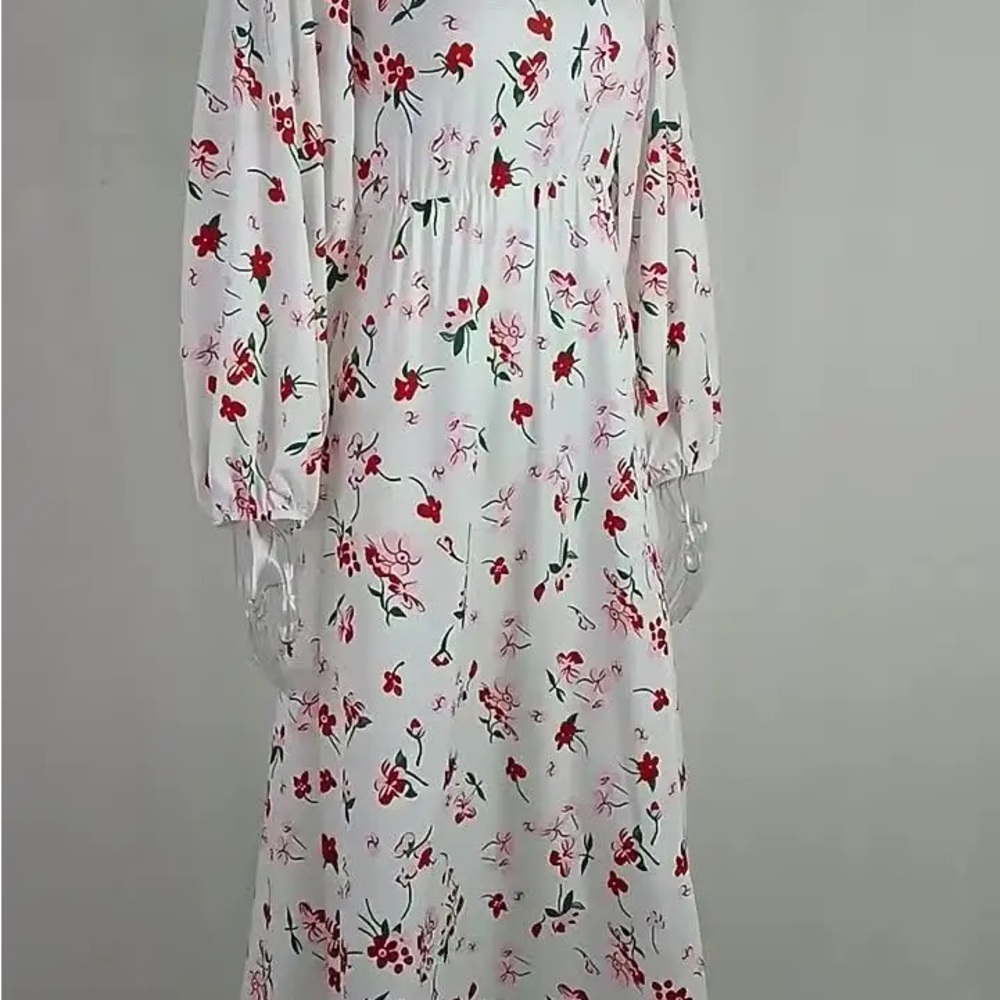 S Deer Floral Long Sleeve Red and White Floral Maxi Dress